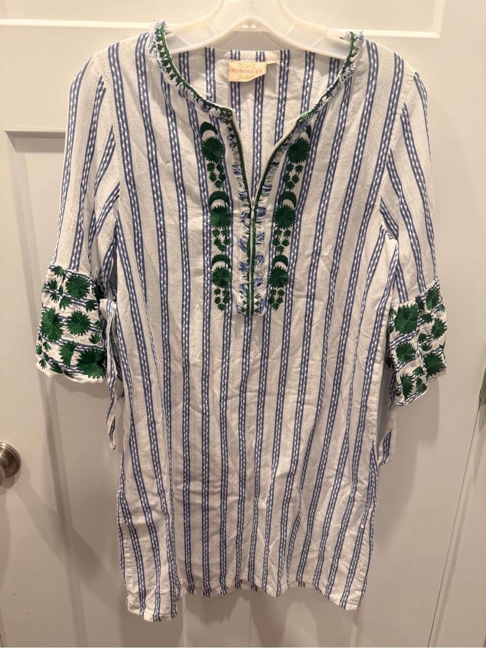 Rungolee XS Blue White Stripe Embroidered Boho Dress Green Floral
